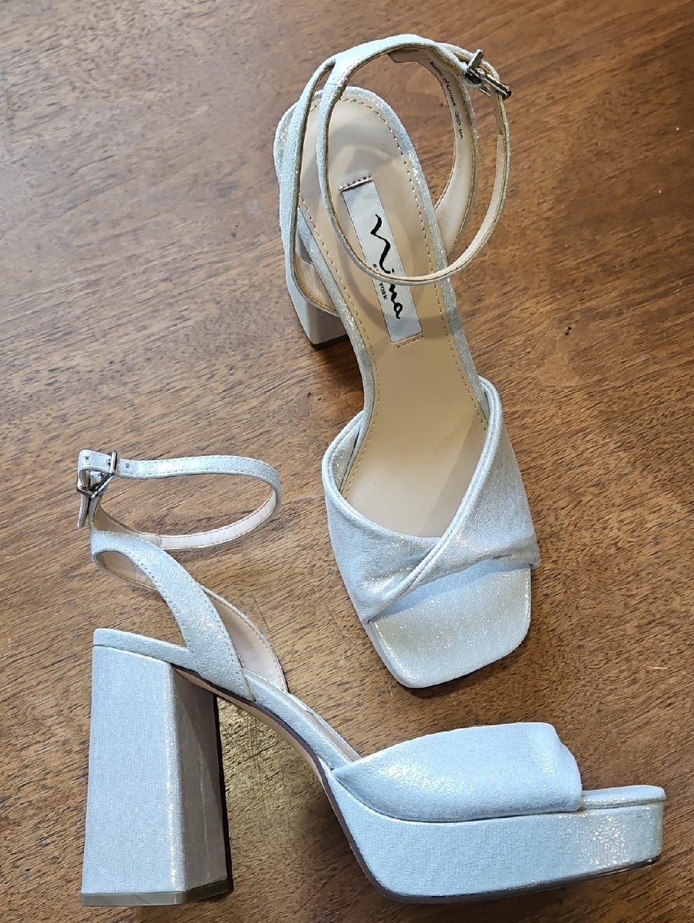 Nina Silver Shimmery Platform Block Heel Sandals with Ankle Strap